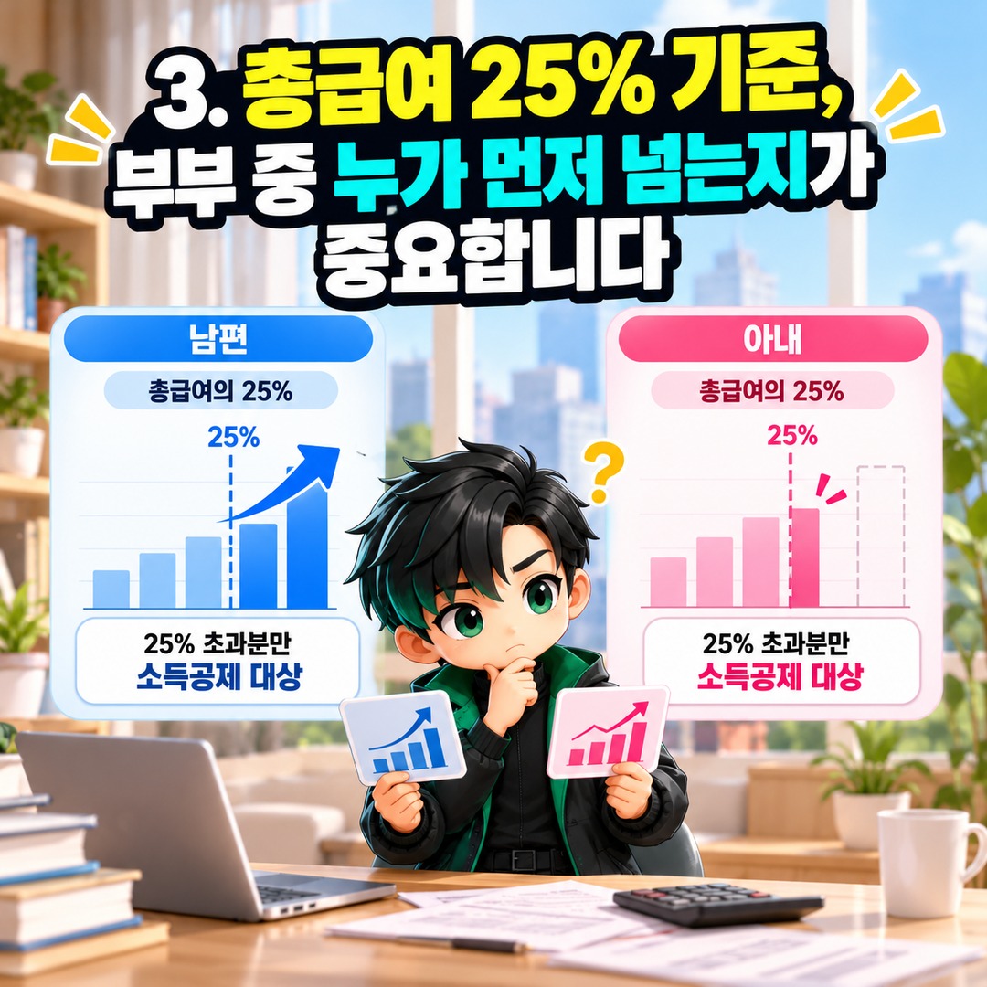 2026 연말정산 맞벌이 부부 카드값 몰아주기 가능할까? 가족카드·소득공제 기준이 다릅니다 - 3. 총급여 25% 기준, 부부 중 누가 먼저 넘는지가 중요합니다 핵심 내용을 정리한 정보형 이미지