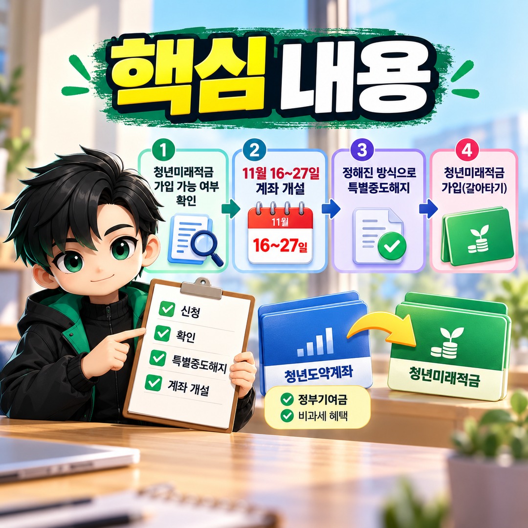 청년도약계좌에서 청년미래적금 갈아타기, 먼저 해지하면 안 되는 이유와 11월 신청 순서 - 핵심 내용 핵심 내용을 정리한 정보형 이미지