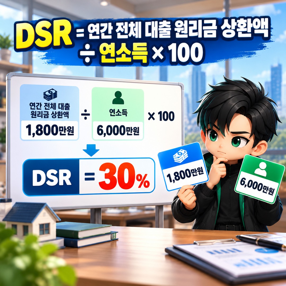 연봉 6000만원 주담대 한도, 2026년 10월 수도권·지방 차이와 신용대출 반영 계산 - DSR = 연간 전체 대출 원리금 상환액 ÷ 연소득 × 100 핵심 내용을 정리한 정보형 이미지