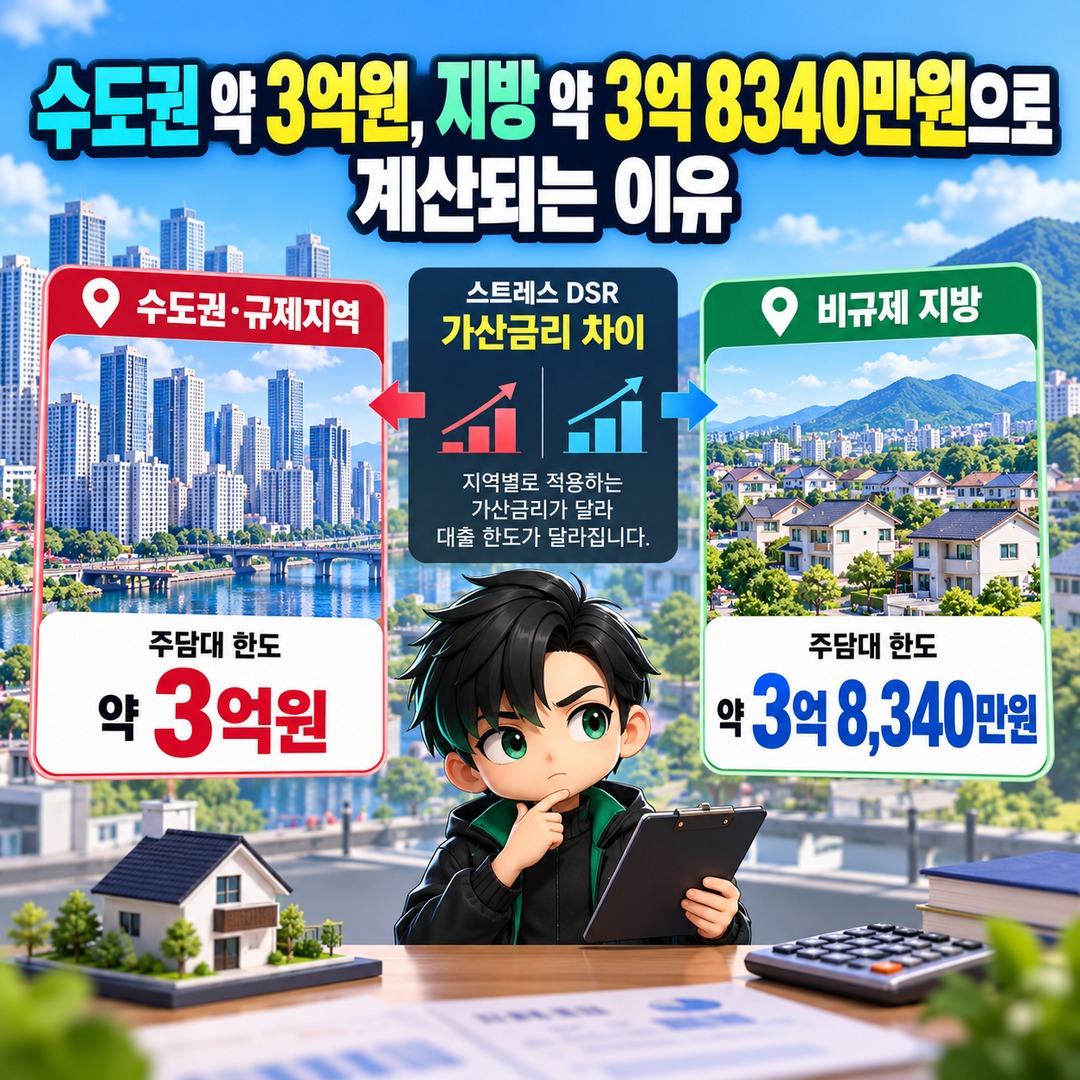 연봉 6000만원 주담대 한도, 2026년 10월 수도권·지방 차이와 신용대출 반영 계산 - 수도권 약 3억원, 지방 약 3억 8340만원으로 계산되는 이유 핵심 내용을 정리한 정보형 이미지