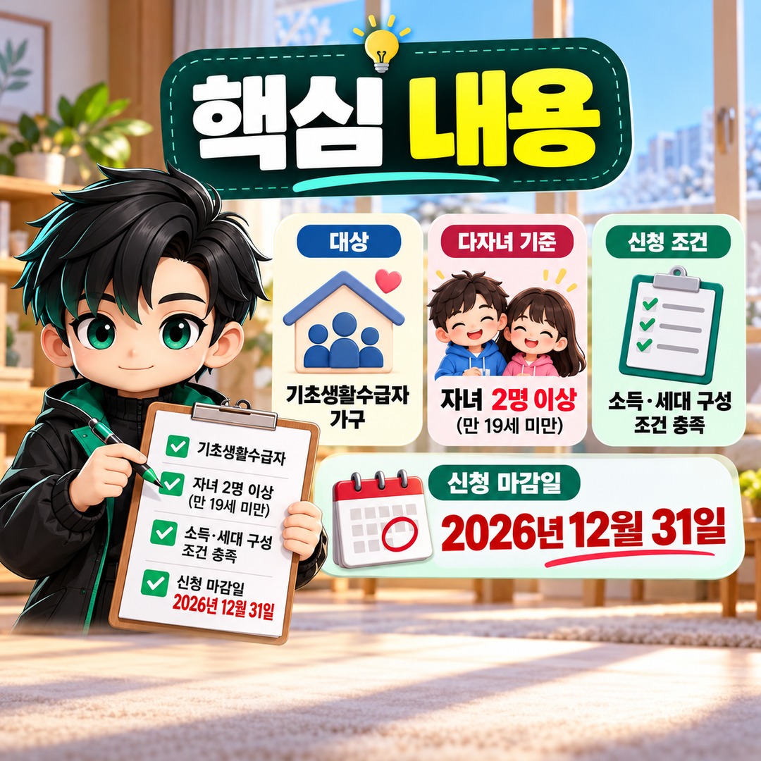 2026 에너지바우처 자녀 2명도 다자녀 인정, 기초생활수급자 신청 조건과 지원금 - 핵심 내용 핵심 내용을 정리한 정보형 이미지