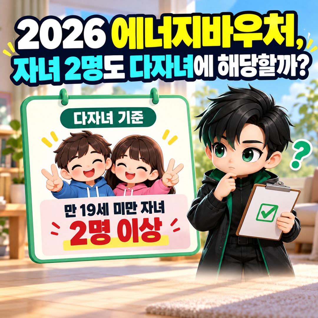 2026 에너지바우처 자녀 2명도 다자녀 인정, 기초생활수급자 신청 조건과 지원금 - 2026 에너지바우처, 자녀 2명도 다자녀에 해당할까? 핵심 내용을 정리한 정보형 이미지
