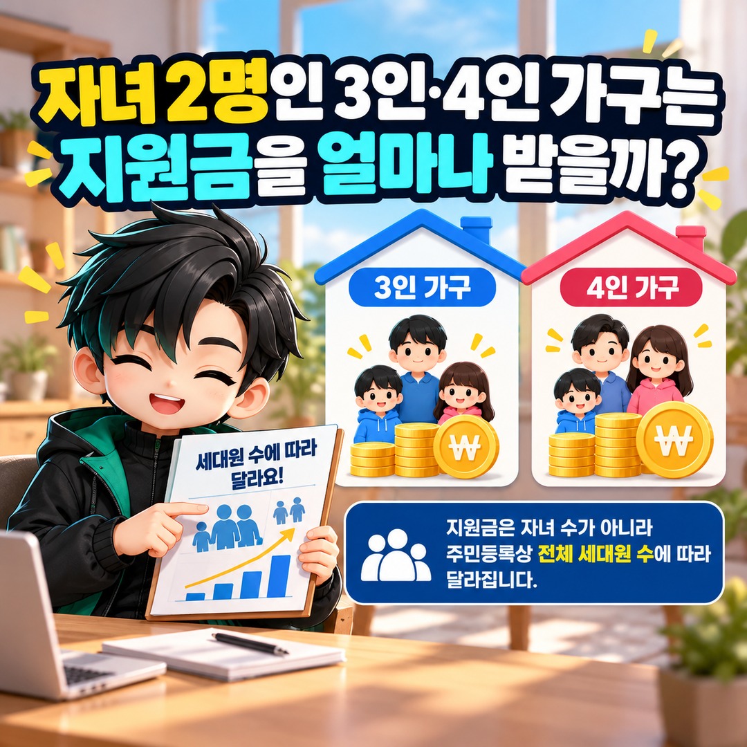 2026 에너지바우처 자녀 2명도 다자녀 인정, 기초생활수급자 신청 조건과 지원금 - 자녀 2명인 3인·4인 가구는 지원금을 얼마나 받을까? 핵심 내용을 정리한 정보형 이미지
