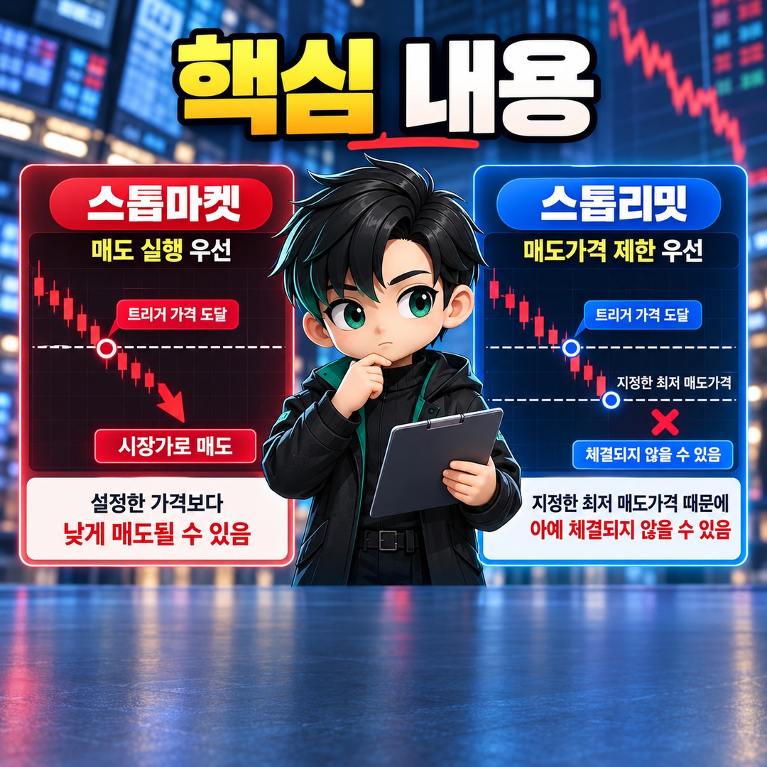 미국주식 스톱마켓·스톱리밋 차이, 주가 급락 때 매도 체결이 달라지는 이유 - 핵심 내용 핵심 내용을 정리한 정보형 이미지