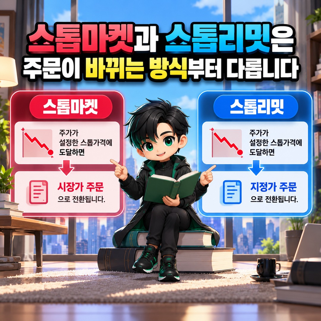 미국주식 스톱마켓·스톱리밋 차이, 주가 급락 때 매도 체결이 달라지는 이유 - 스톱마켓과 스톱리밋은 주문이 바뀌는 방식부터 다릅니다 핵심 내용을 정리한 정보형 이미지
