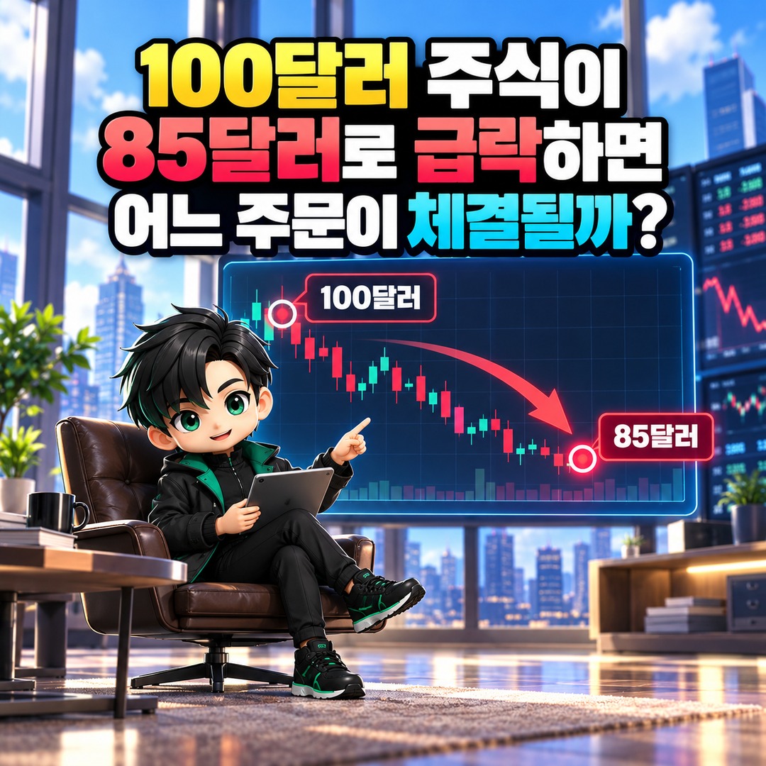 미국주식 스톱마켓·스톱리밋 차이, 주가 급락 때 매도 체결이 달라지는 이유 - 100달러 주식이 85달러로 급락하면 어느 주문이 체결될까? 핵심 내용을 정리한 정보형 이미지