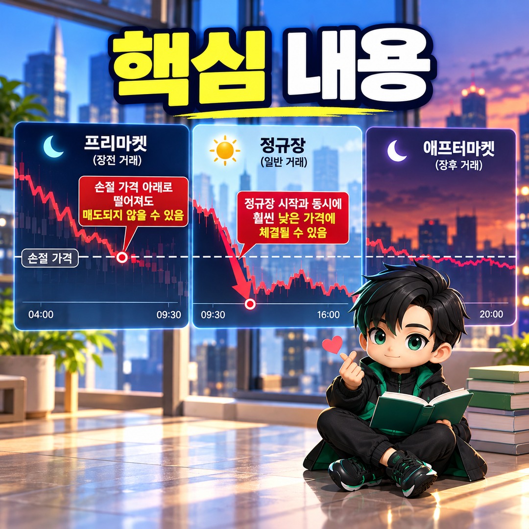 미국주식 손절 주문 걸었는데 프리마켓에서 급락하면? 스톱로스가 작동하지 않는 이유 - 핵심 내용 핵심 내용을 정리한 정보형 이미지