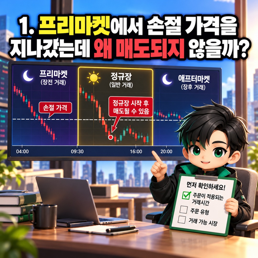 미국주식 손절 주문 걸었는데 프리마켓에서 급락하면? 스톱로스가 작동하지 않는 이유 - 1. 프리마켓에서 손절 가격을 지나갔는데 왜 매도되지 않을까? 핵심 내용을 정리한 정보형 이미지