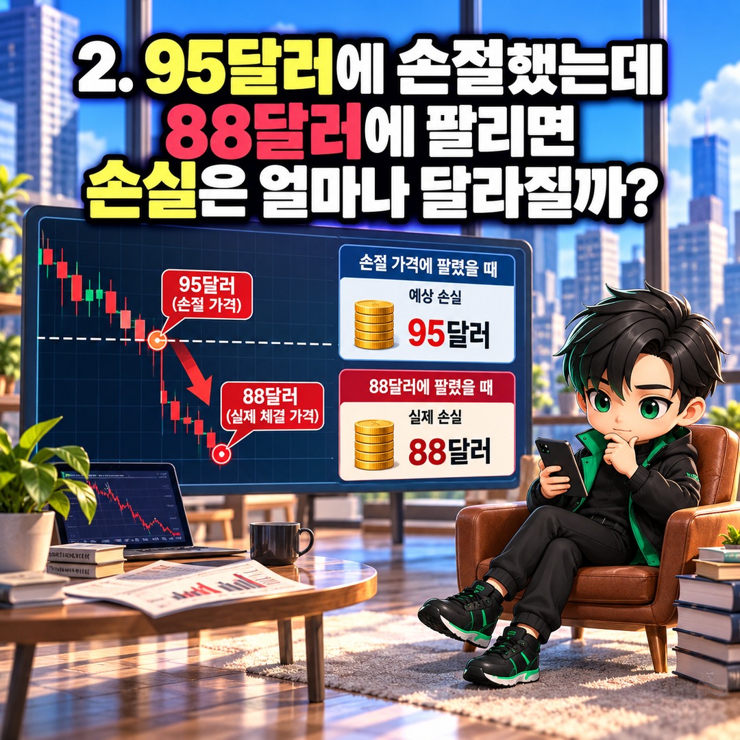 미국주식 손절 주문 걸었는데 프리마켓에서 급락하면? 스톱로스가 작동하지 않는 이유 - 2. 95달러에 손절했는데 88달러에 팔리면 손실은 얼마나 달라질까? 핵심 내용을 정리한 정보형 이미지