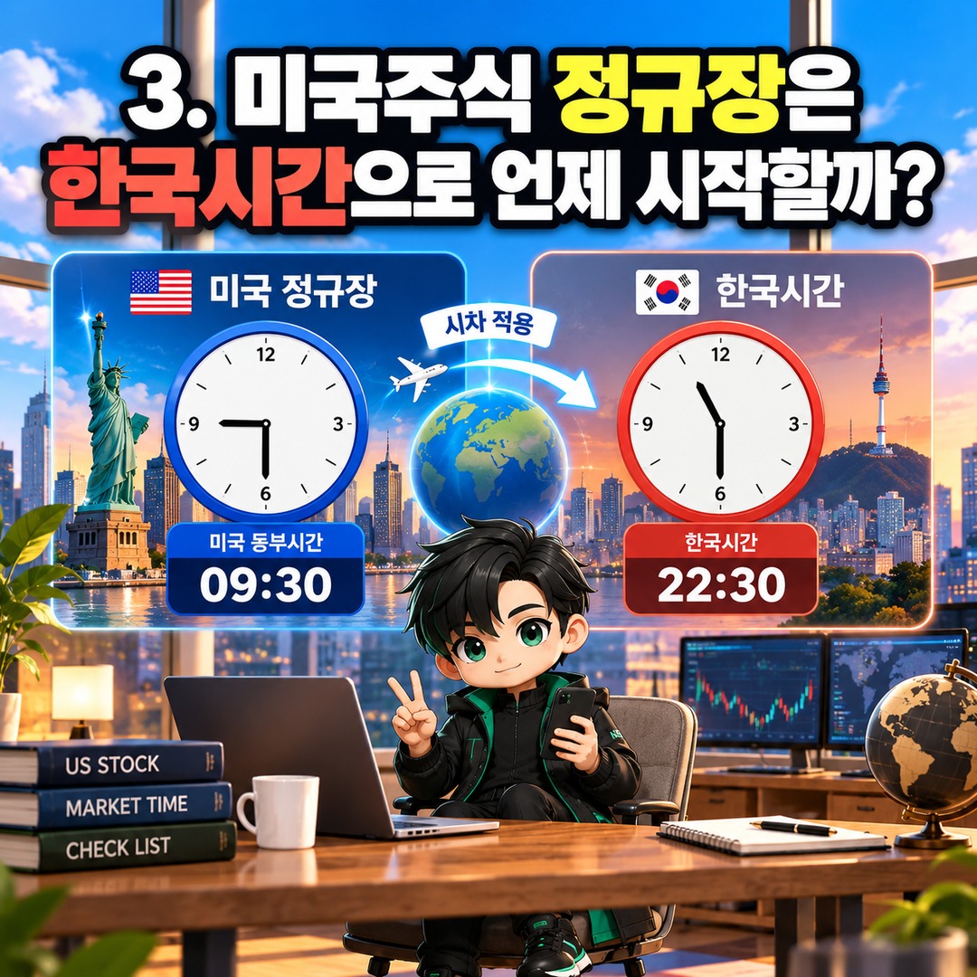 미국주식 손절 주문 걸었는데 프리마켓에서 급락하면? 스톱로스가 작동하지 않는 이유 - 3. 미국주식 정규장은 한국시간으로 언제 시작할까? 핵심 내용을 정리한 정보형 이미지