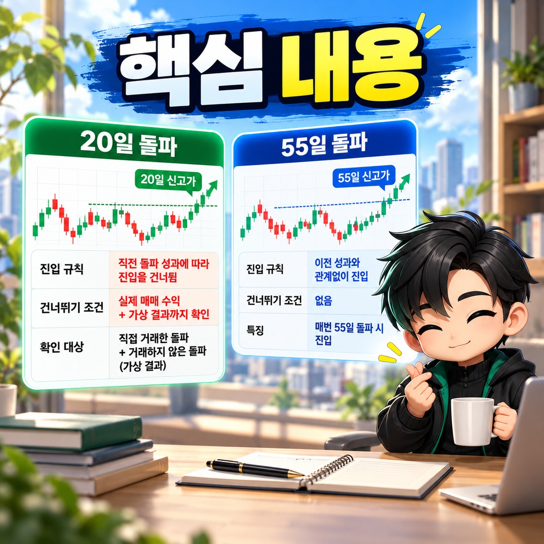 Turtle Trading 20-day vs. 55-day breakouts and when to skip the next signal after a winning breakout — informational graphic summarizing the key points