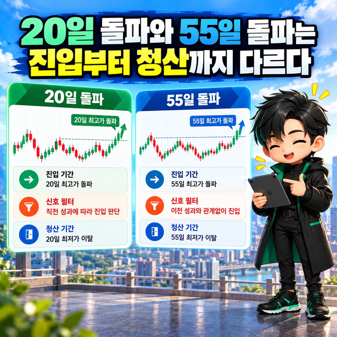 Turtle Trading 20-day vs. 55-day breakouts — informational graphic comparing entry and exit rules