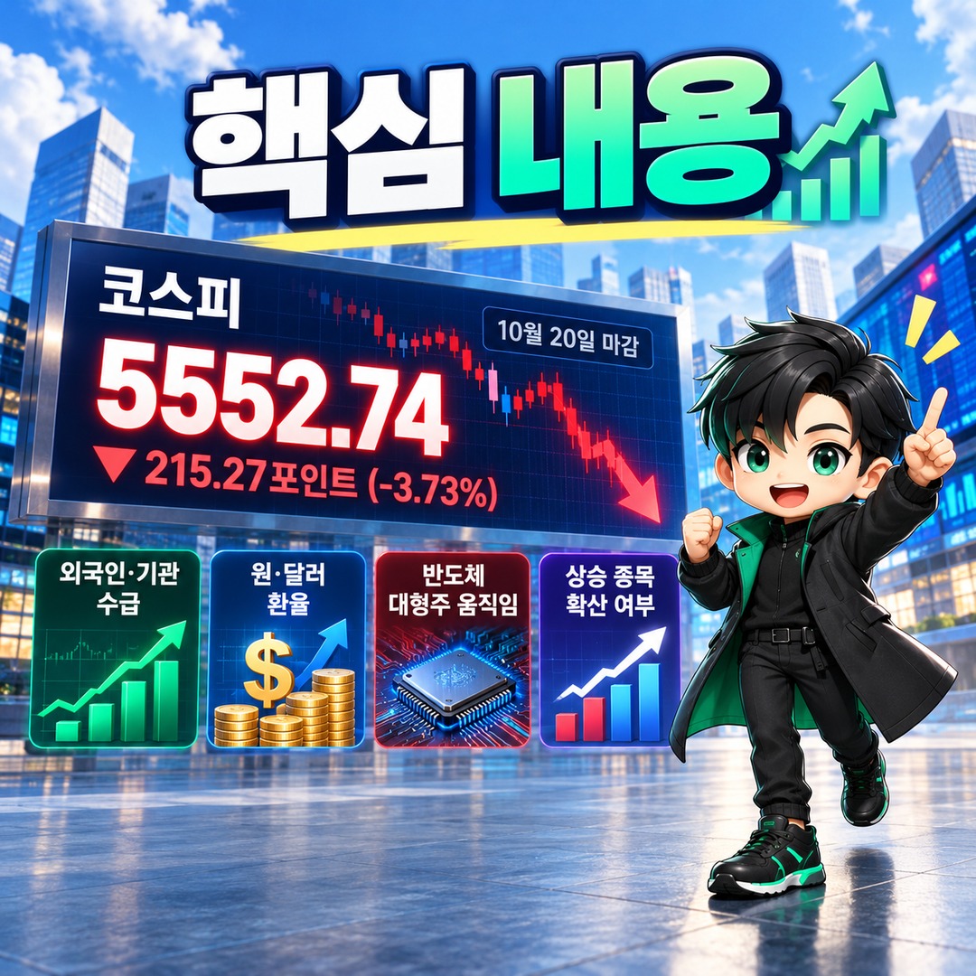 10월 21일 코스피 전망, 5552.74 마감 이후 반등·횡보·추가 하락 시나리오 - 핵심 내용 핵심 내용을 정리한 정보형 이미지