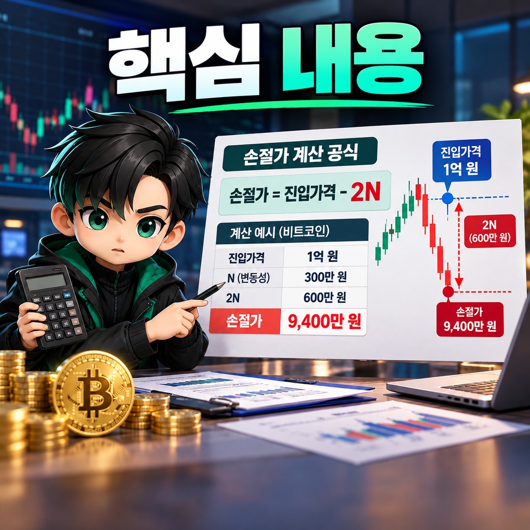 터틀 트레이딩 2N 손절 계산법, 비트코인 1억 원 진입 시 손절가와 투자금은? - 핵심 내용 핵심 내용을 정리한 정보형 이미지