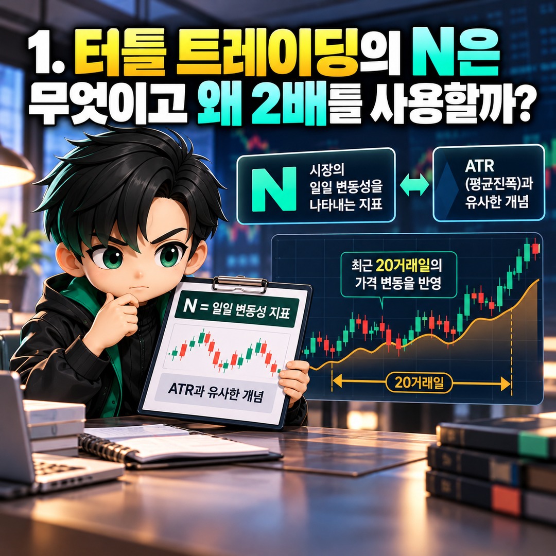 터틀 트레이딩 2N 손절 계산법, 비트코인 1억 원 진입 시 손절가와 투자금은? - 1. 터틀 트레이딩의 N은 무엇이고 왜 2배를 사용할까? 핵심 내용을 정리한 정보형 이미지