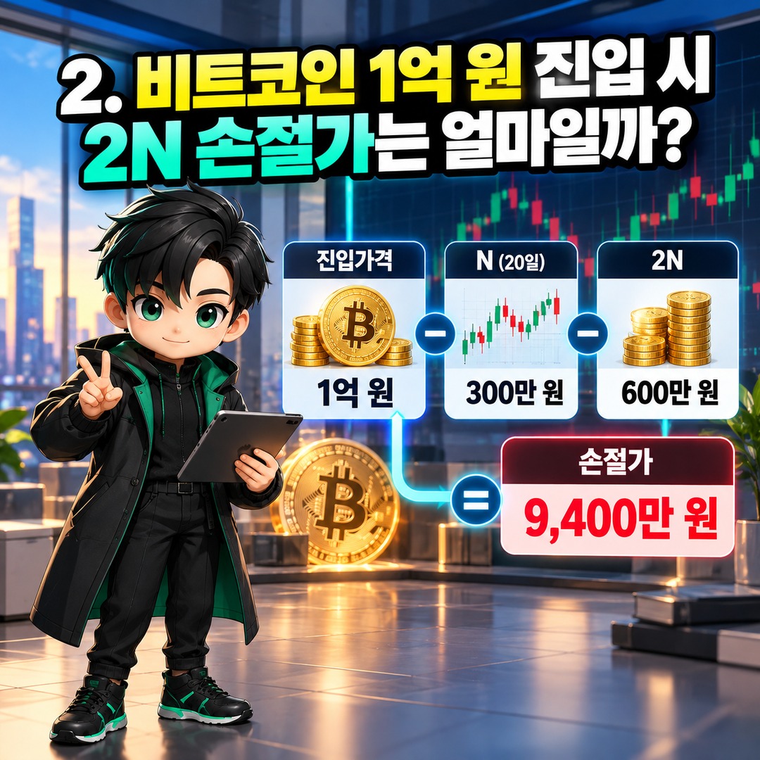 터틀 트레이딩 2N 손절 계산법, 비트코인 1억 원 진입 시 손절가와 투자금은? - 2. 비트코인 1억 원 진입 시 2N 손절가는 얼마일까? 핵심 내용을 정리한 정보형 이미지