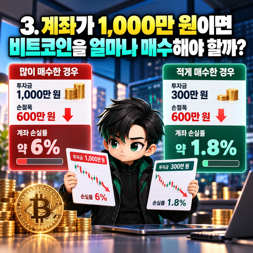 터틀 트레이딩 2N 손절 계산법, 비트코인 1억 원 진입 시 손절가와 투자금은? - 3. 계좌가 1,000만 원이면 비트코인을 얼마나 매수해야 할까? 핵심 내용을 정리한 정보형 이미지