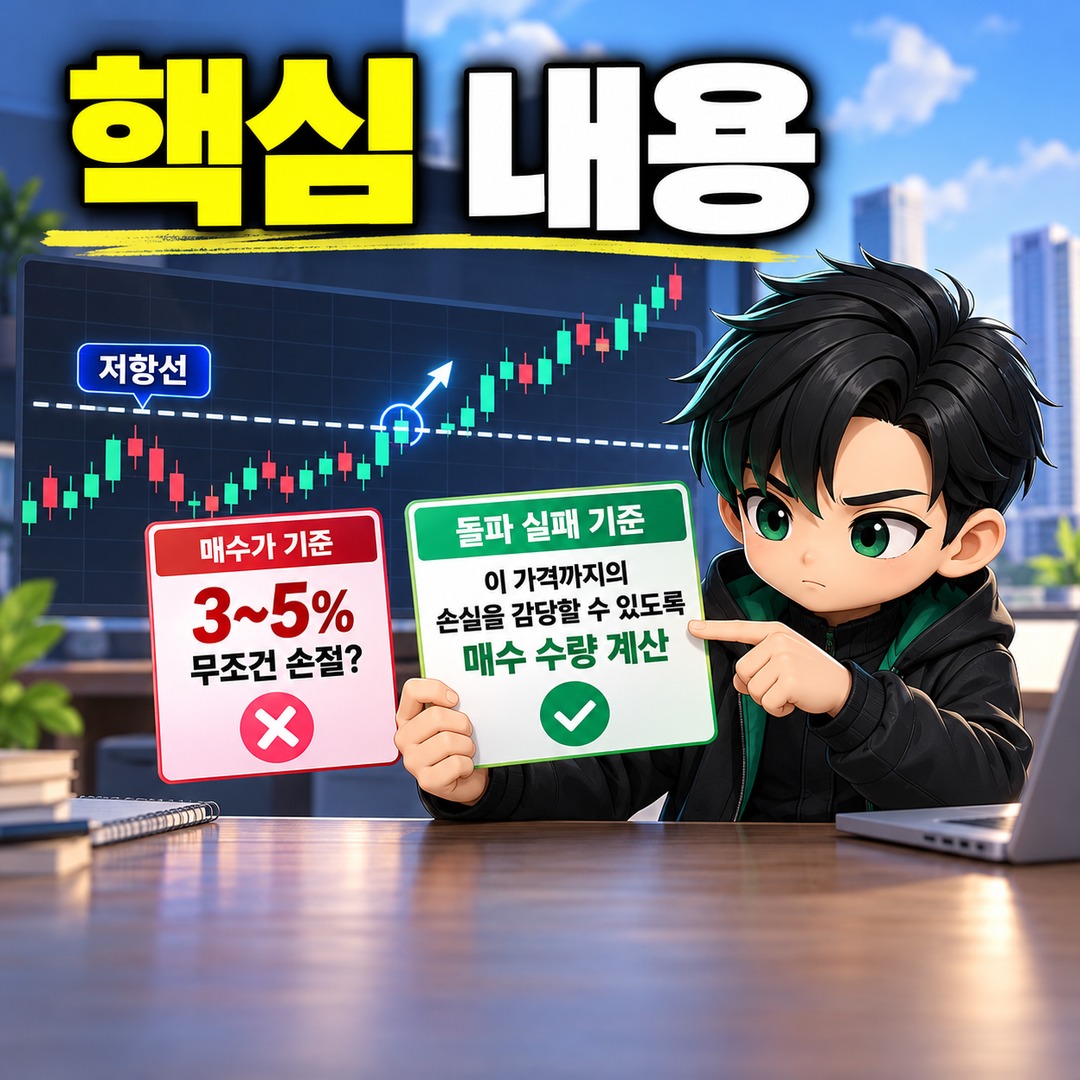 주식 돌파 매매 손절가는 어디에 잡을까? 저항선 아래 1%보다 중요한 손실 계산법 - 핵심 내용 핵심 내용을 정리한 정보형 이미지