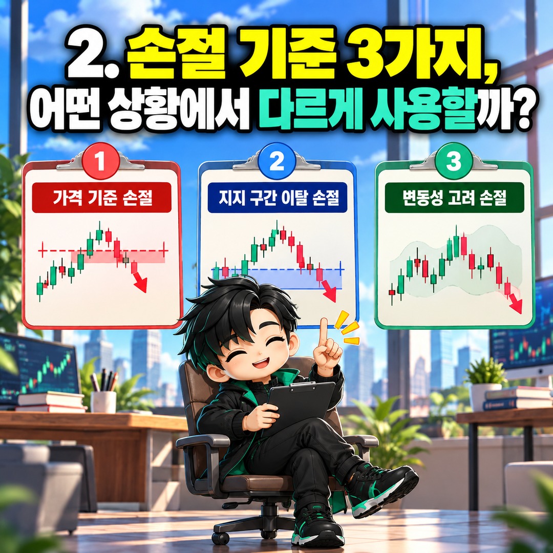주식 돌파 매매 손절가는 어디에 잡을까? 저항선 아래 1%보다 중요한 손실 계산법 - 2. 손절 기준 3가지, 어떤 상황에서 다르게 사용할까? 핵심 내용을 정리한 정보형 이미지