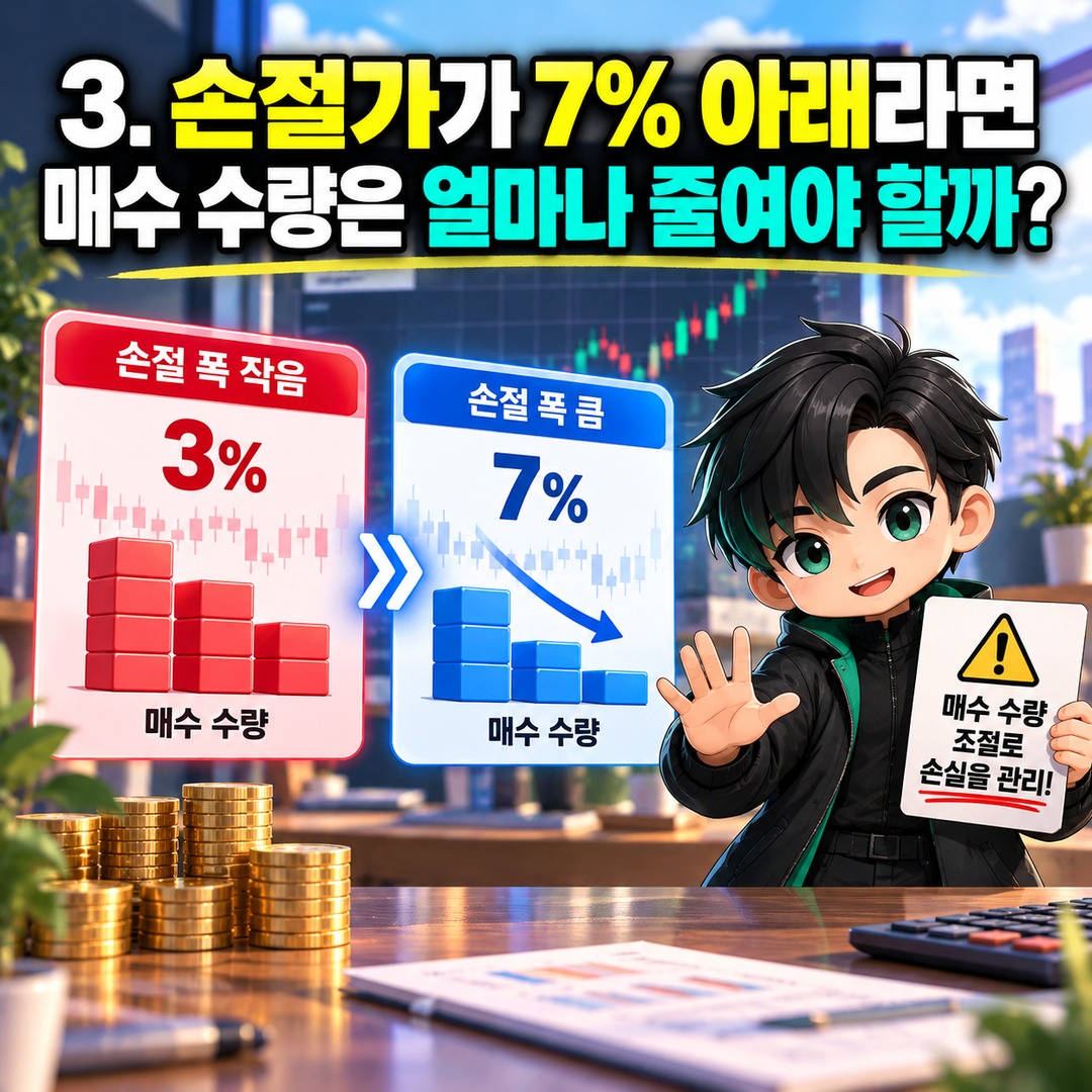 주식 돌파 매매 손절가는 어디에 잡을까? 저항선 아래 1%보다 중요한 손실 계산법 - 3. 손절가가 7% 아래라면 매수 수량은 얼마나 줄여야 할까? 핵심 내용을 정리한 정보형 이미지