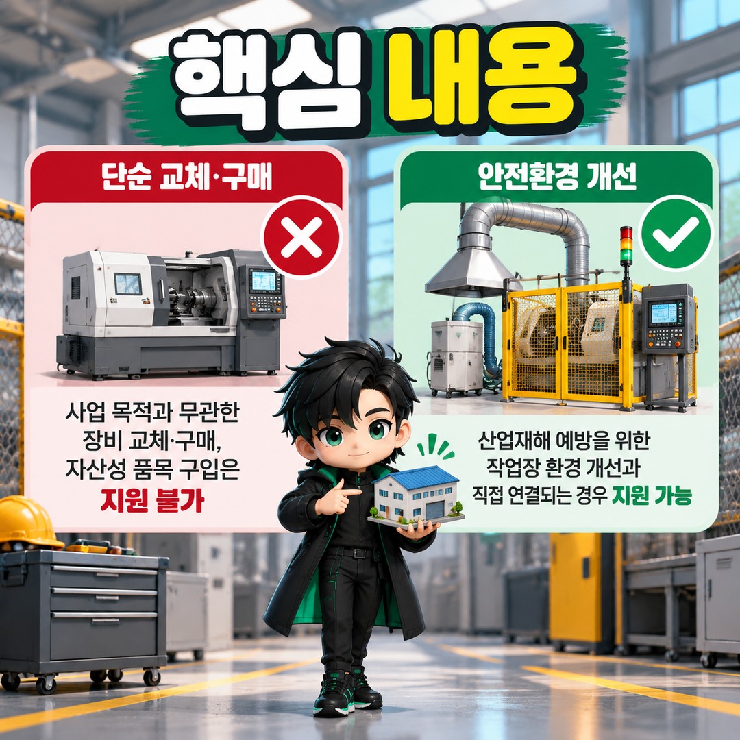 소공인 클린제조환경조성 지원금, 장비를 새로 사도 될까? 단순 교체와 안전개선의 차이 - 핵심 내용 핵심 내용을 정리한 정보형 이미지