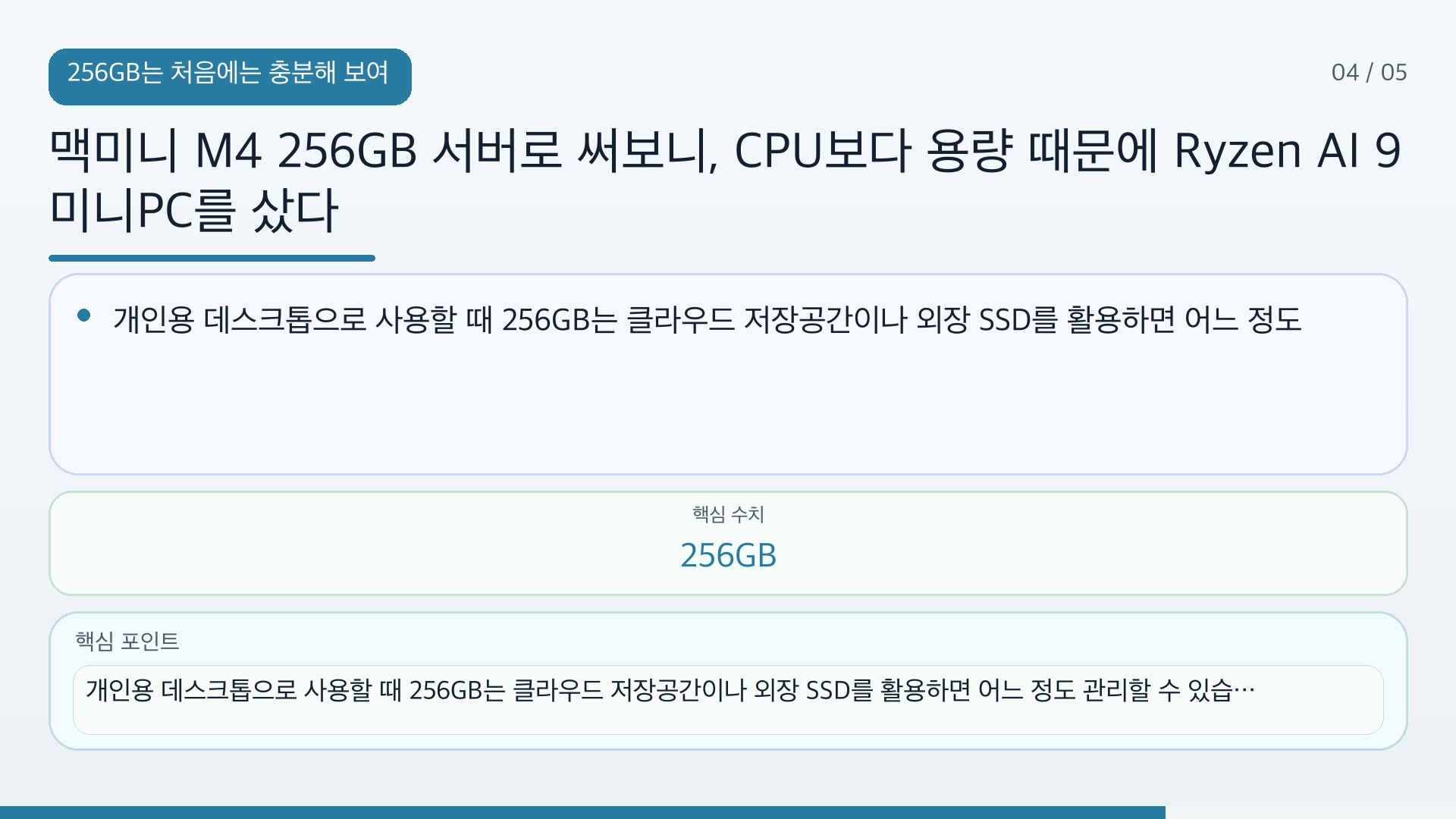 맥미니 M4 256GB 서버로 써보니, CPU보다 용량 때문에 Ryzen AI 9 미니PC를 샀다 - 256GB는 처음에는 충분해 보여도 서버에서는 금방 줄어든다 핵심 내용을 정리한 정보형 이미지