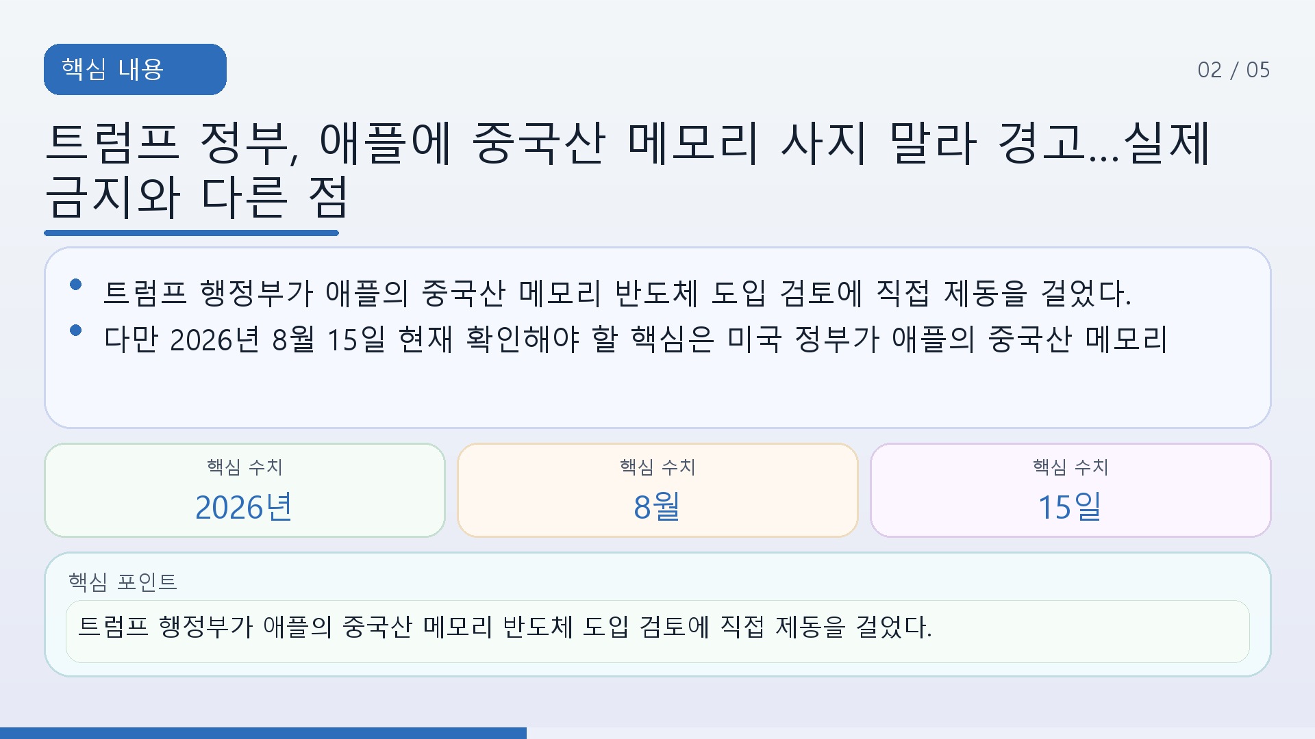 트럼프 정부, 애플에 중국산 메모리 사지 말라 경고…실제 금지와 다른 점 - 핵심 내용 핵심 내용을 정리한 정보형 이미지