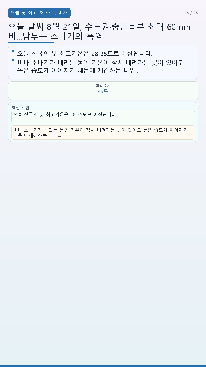 오늘 날씨 8월 21일, 수도권·충남북부 최대 60mm 비…남부는 소나기와 폭염 - 오늘 낮 최고 28~35도, 비가 와도 더위가 끝나는 것은 아니다 핵심 내용을 정리한 정보형 이미지