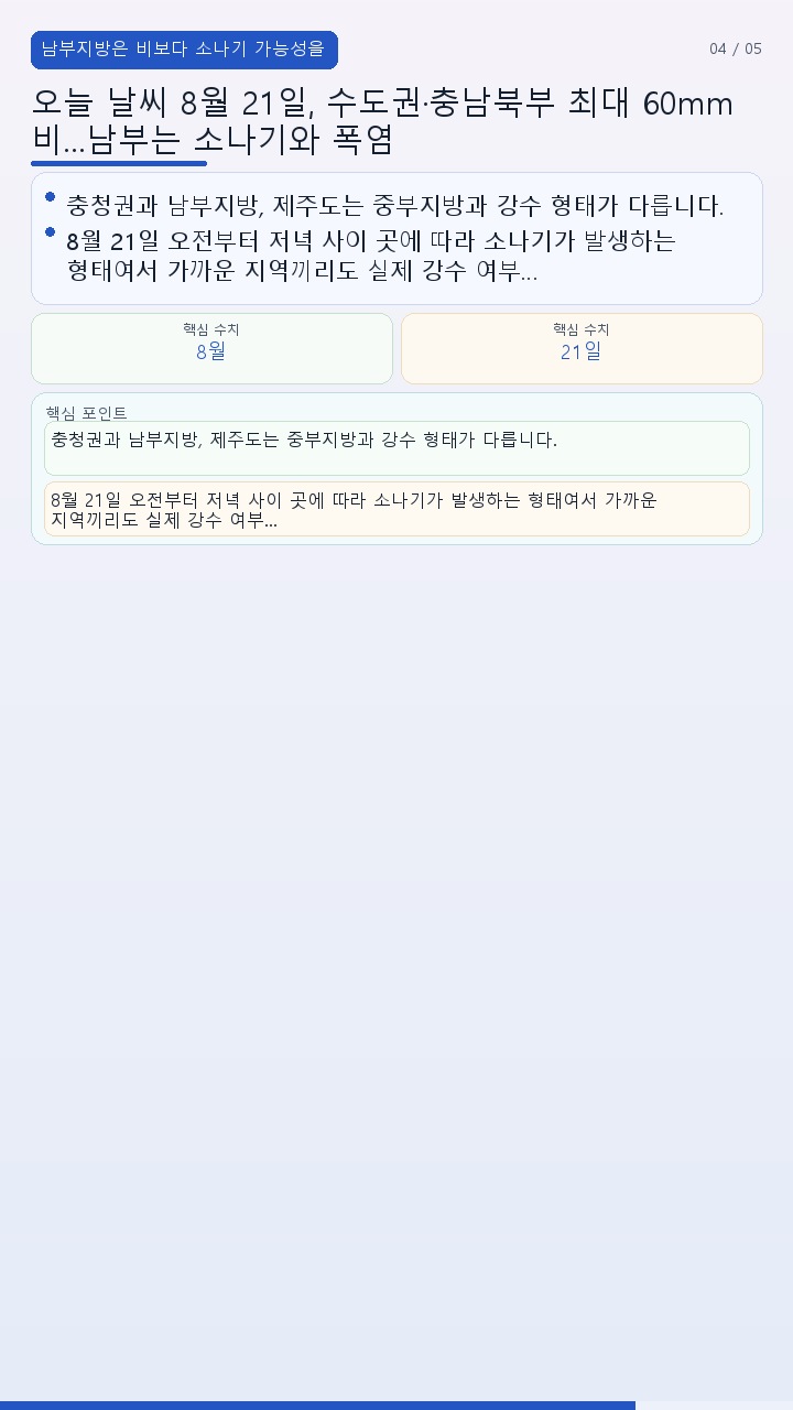 오늘 날씨 8월 21일, 수도권·충남북부 최대 60mm 비…남부는 소나기와 폭염 - 남부지방은 비보다 소나기 가능성을 봐야 한다 핵심 내용을 정리한 정보형 이미지