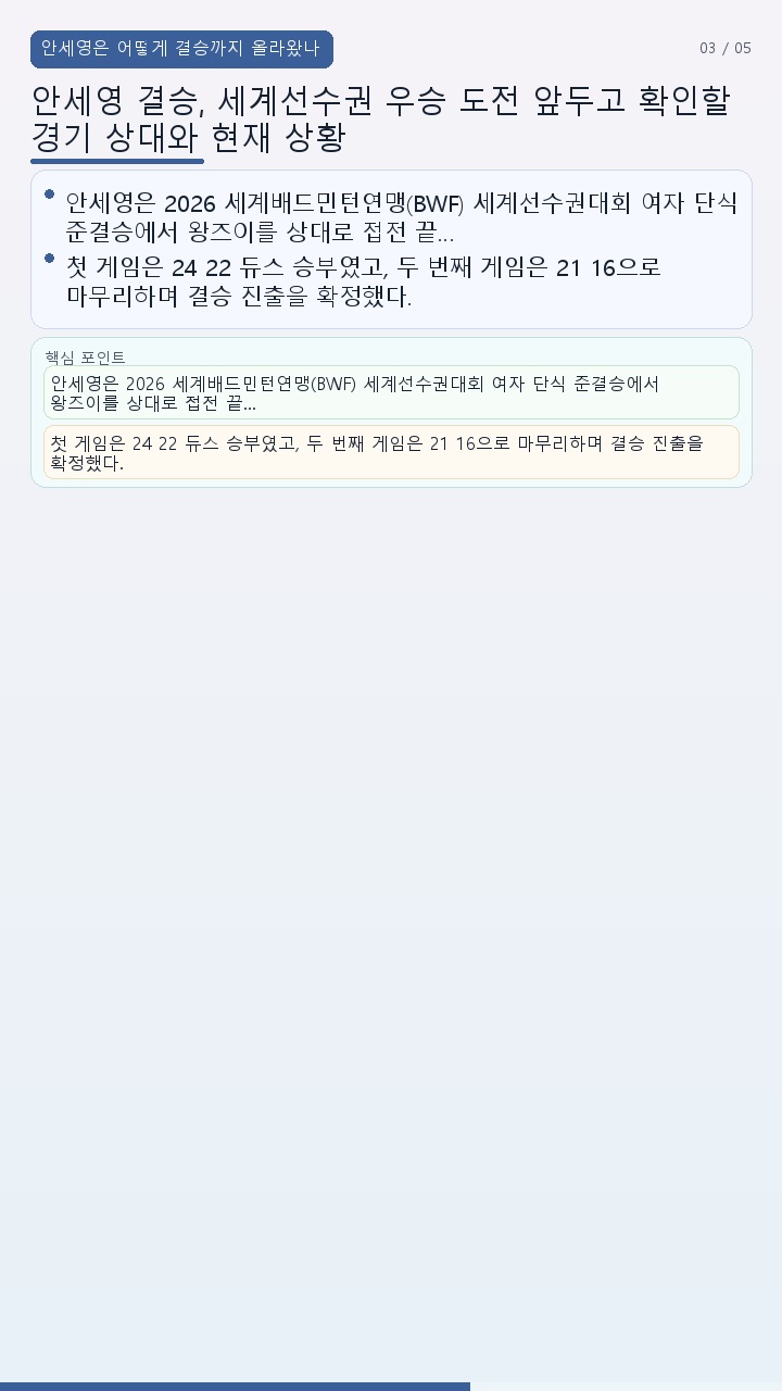 안세영 결승, 세계선수권 우승 도전 앞두고 확인할 경기 상대와 현재 상황 - 안세영은 어떻게 결승까지 올라왔나 핵심 내용을 정리한 정보형 이미지