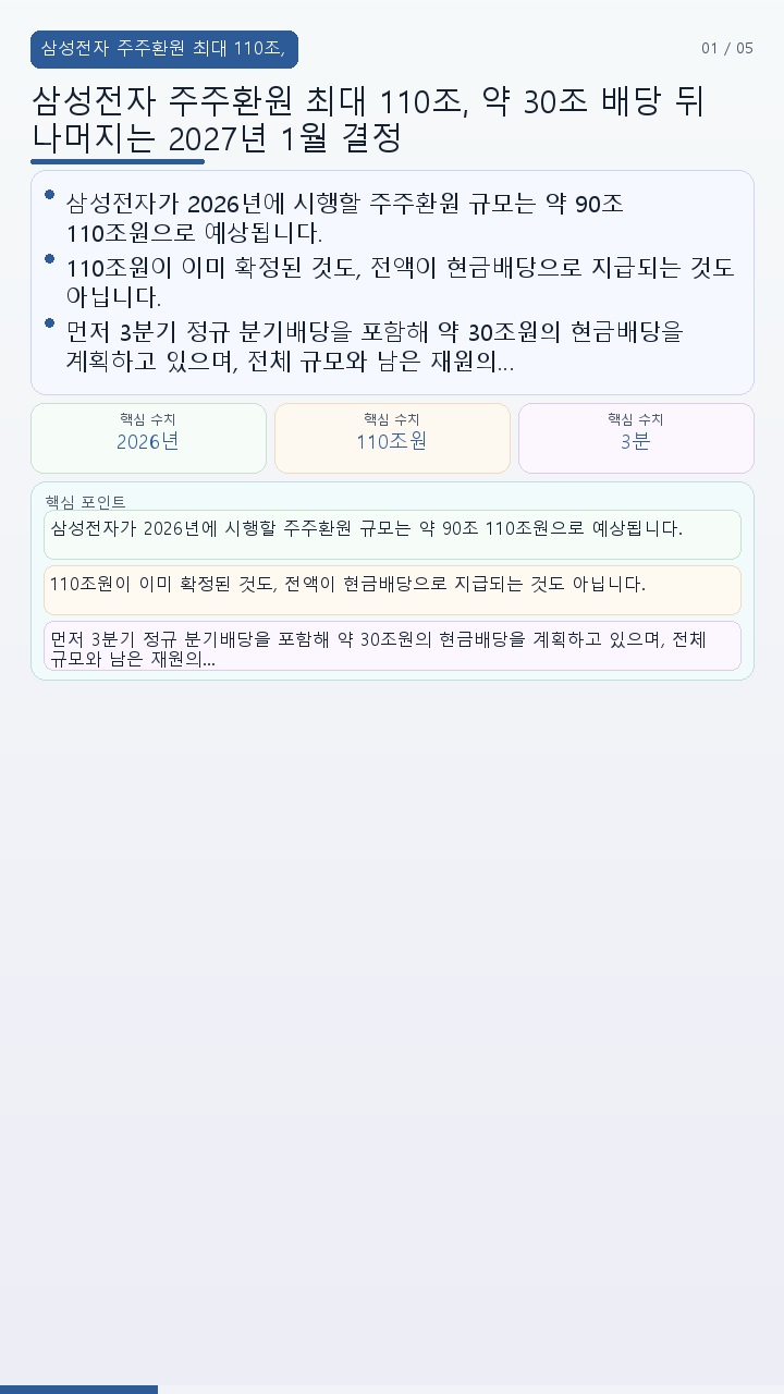 삼성전자 주주환원 최대 110조, 약 30조 배당 뒤 나머지는 2027년 1월 결정