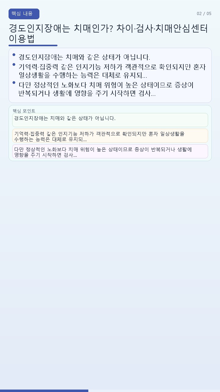 경도인지장애는 치매인가? 차이·검사·치매안심센터 이용법 - 핵심 내용 핵심 내용을 정리한 정보형 이미지