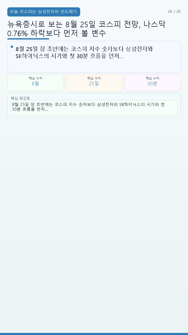 뉴욕증시로 보는 8월 25일 코스피 전망, 나스닥 0.76% 하락보다 먼저 볼 변수 - 오늘 코스피는 삼성전자와 반도체가 첫 번째 확인 대상 핵심 내용을 정리한 정보형 이미지