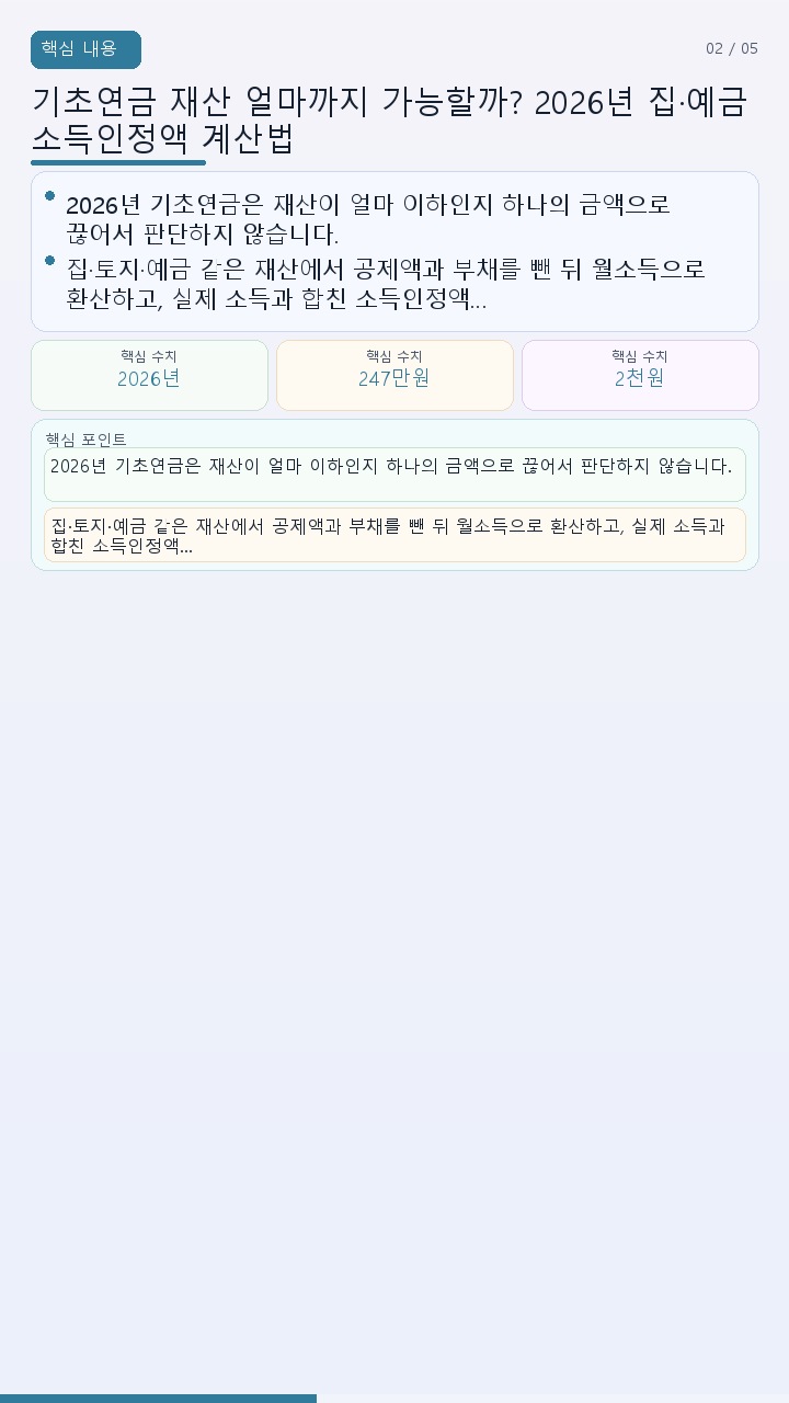 기초연금 재산 얼마까지 가능할까? 2026년 집·예금 소득인정액 계산법 - 핵심 내용 핵심 내용을 정리한 정보형 이미지