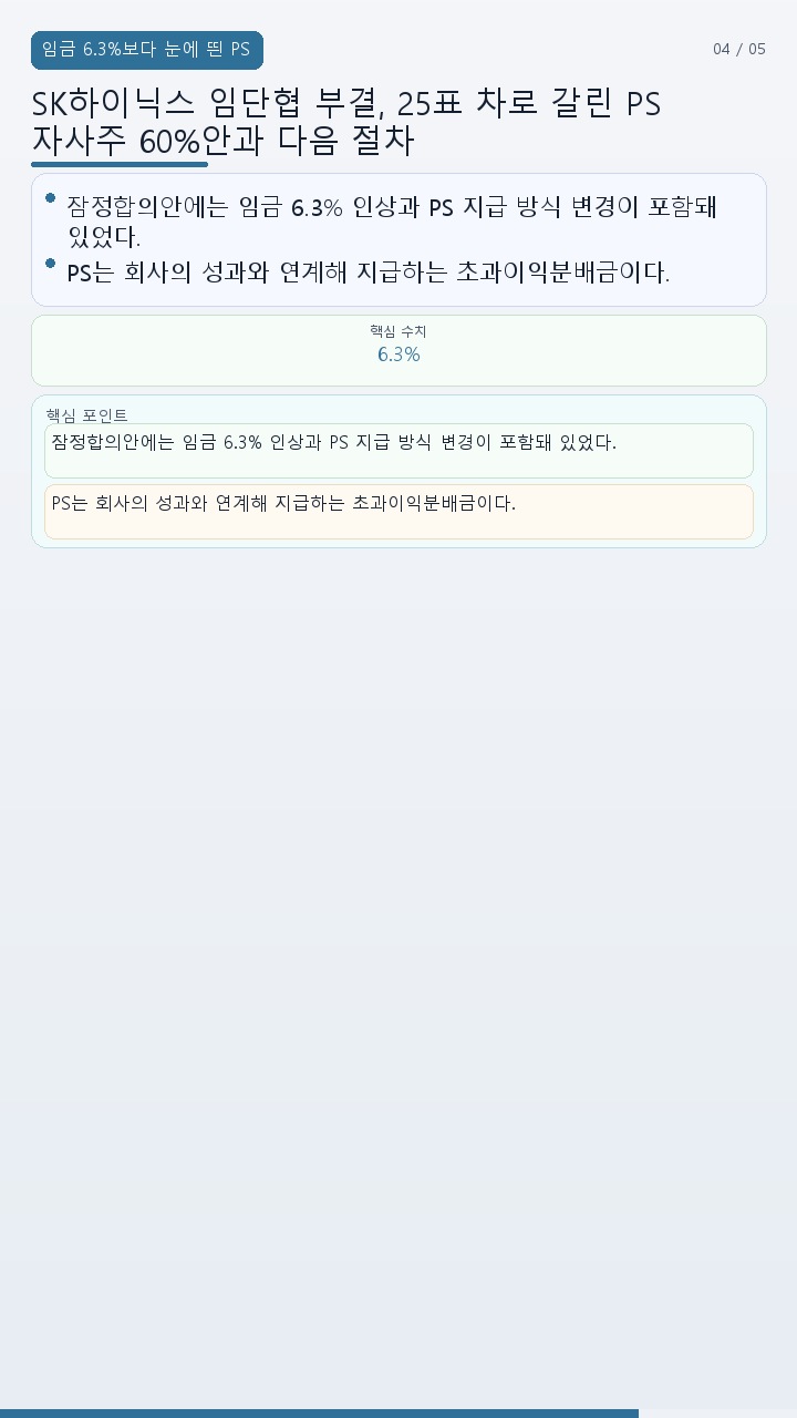 SK하이닉스 임단협 부결, 25표 차로 갈린 PS 자사주 60%안과 다음 절차 - 임금 6.3%보다 눈에 띈 PS 지급 방식은 무엇이었나 핵심 내용을 정리한 정보형 이미지