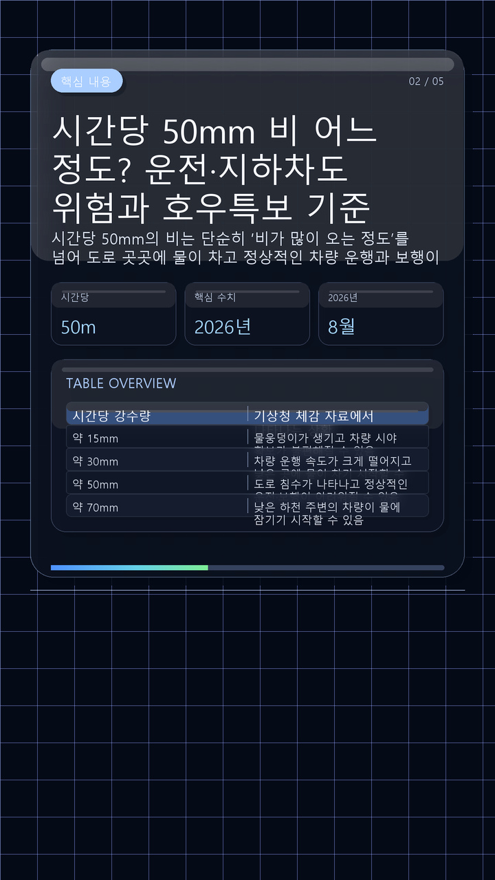 시간당 50mm 비 어느 정도? 운전·지하차도 위험과 호우특보 기준 - 핵심 내용 핵심 내용을 정리한 정보형 이미지