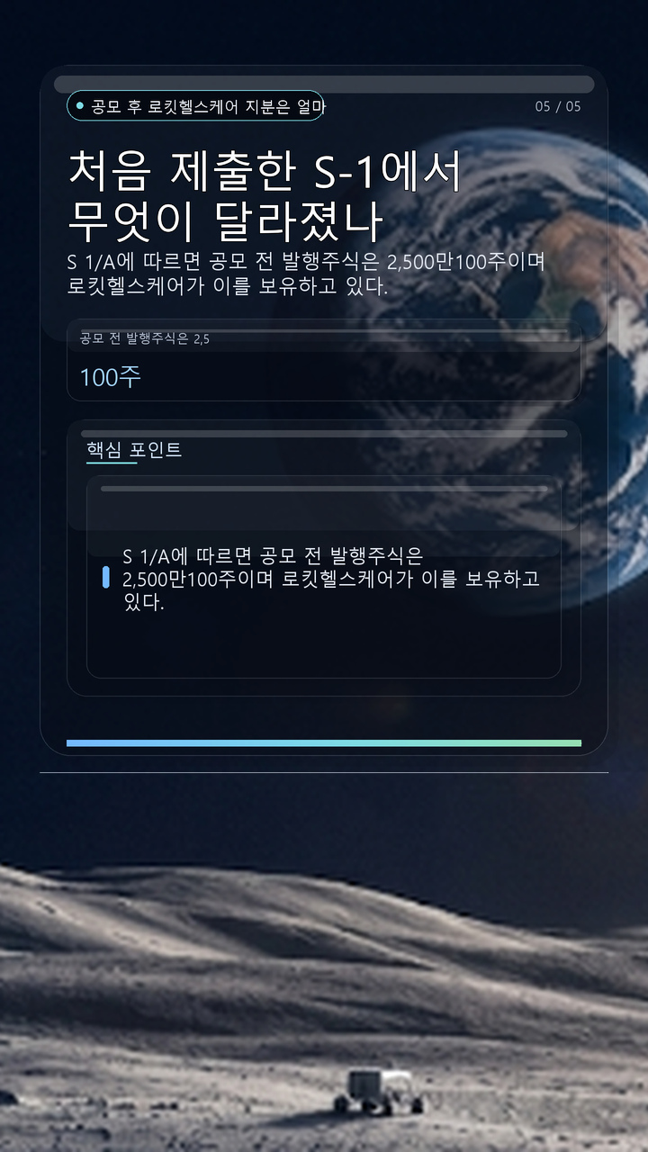 처음 제출한 S-1에서 무엇이 달라졌나 - 공모 후 로킷헬스케어 지분은 얼마나 남나 핵심 내용을 정리한 정보형 이미지