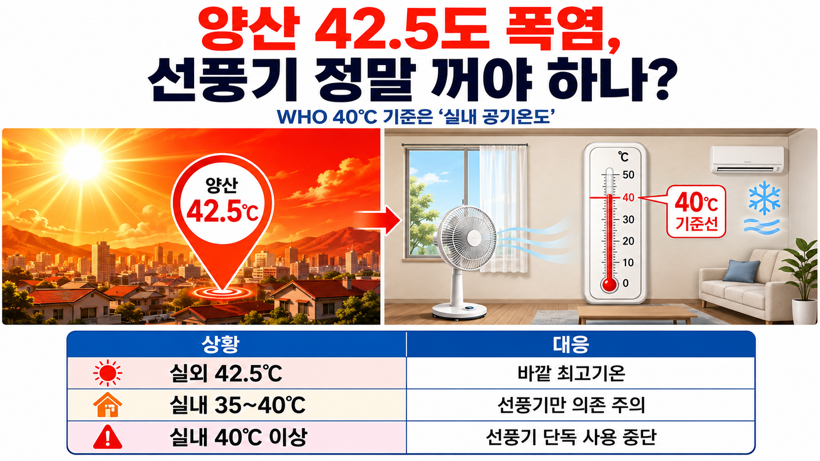 양산 42.5도 폭염, 선풍기 정말 꺼야 하나…WHO 40도 기준은 실내온도