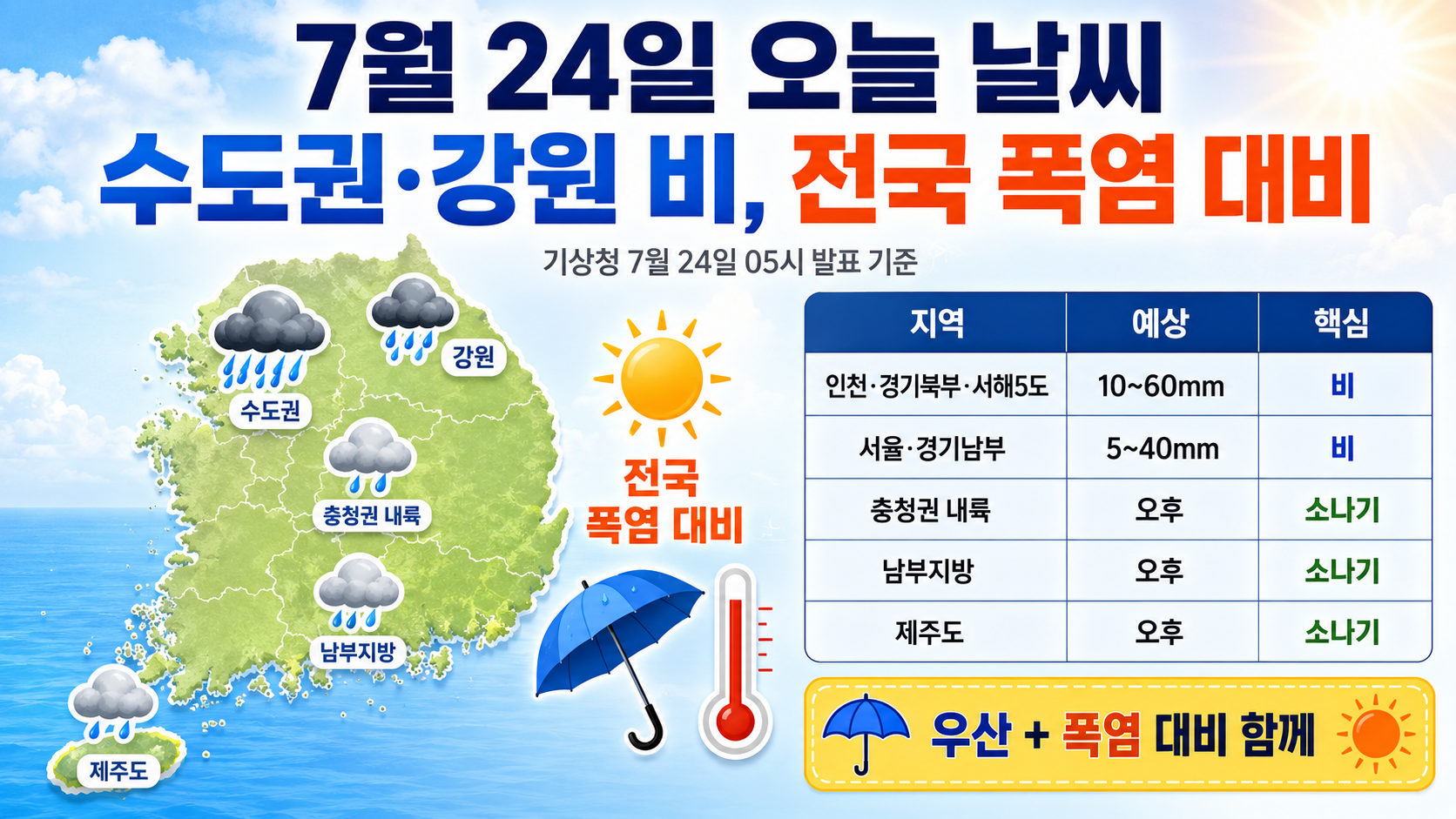 2026년 7월 24일 오늘 날씨, 수도권·강원 비와 전국 폭염 대비법 핵심 내용 정보형 썸네일