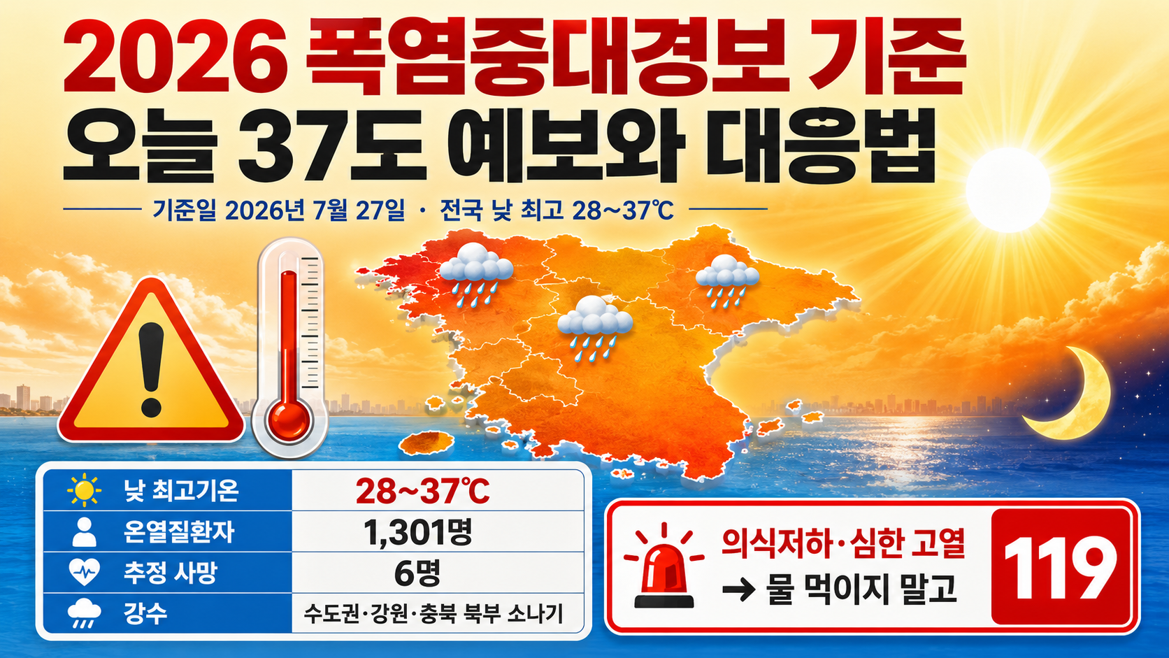 2026 폭염중대경보 기준, 오늘 37도 예보와 온열질환 대응법 핵심 내용 정보형 썸네일