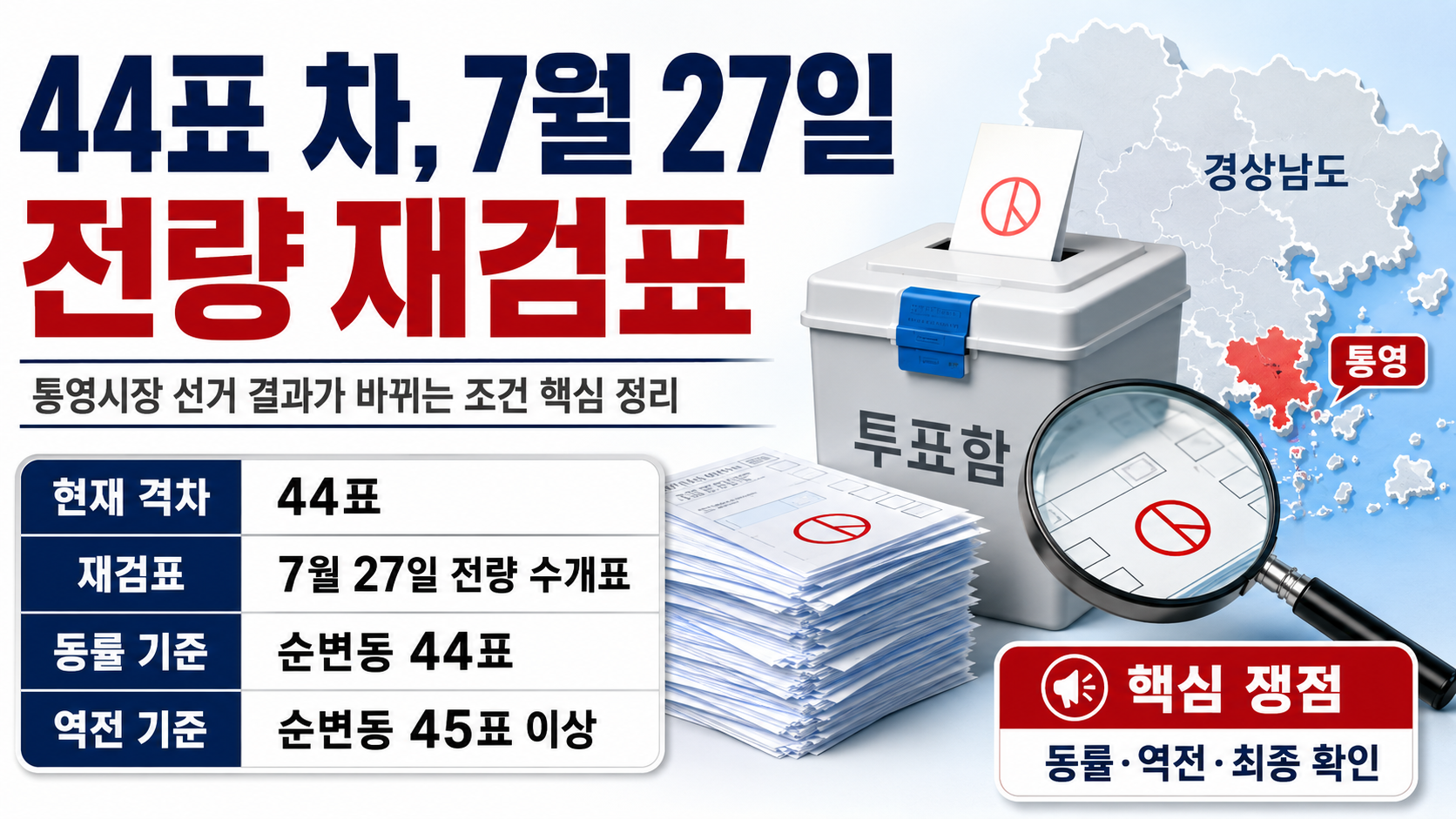 2026년 통영시장 선거 44표 차 재검표 일정과 결과 변경 조건을 설명한 자료