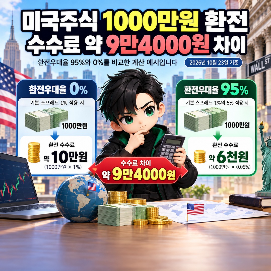 Informational thumbnail explaining the key points of converting 10 million Korean won for U.S. stock investments and the approximately 94,000 won difference in currency exchange fees between 95% and 0% exchange rate discounts