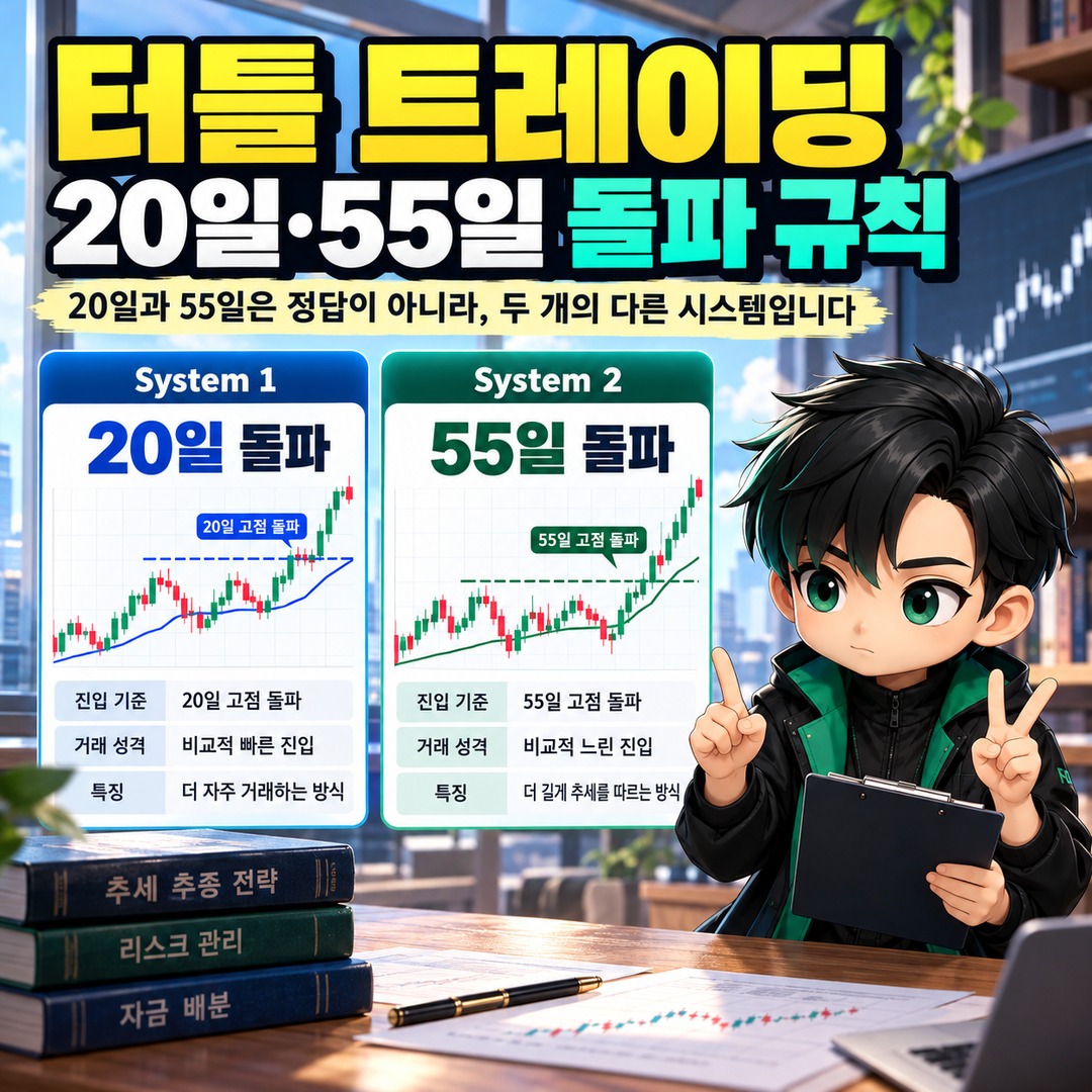 리처드 데니스 터틀 트레이딩 20일·55일 돌파 규칙 리처드 데니스 터틀 트레이딩, 20일과 55일 돌파는 선택 문제가 아니다 핵심 내용 정보형 썸네일
