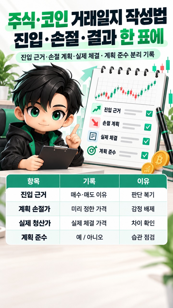 주식·코인 거래일지 작성법 주식·코인 거래일지 작성법: 진입 근거·손절 계획·매매 결과를 한 표에 기록하는 방법 핵심 내용 정보형 썸네일