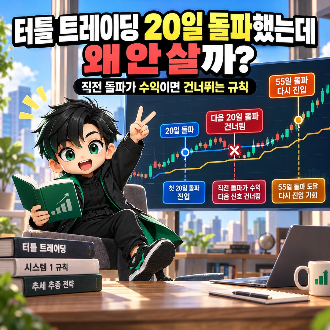 터틀 트레이딩 20일 돌파했는데 왜 안 살까? 직전 돌파가 수익이면 건너뛰는 규칙 핵심 내용 정보형 썸네일