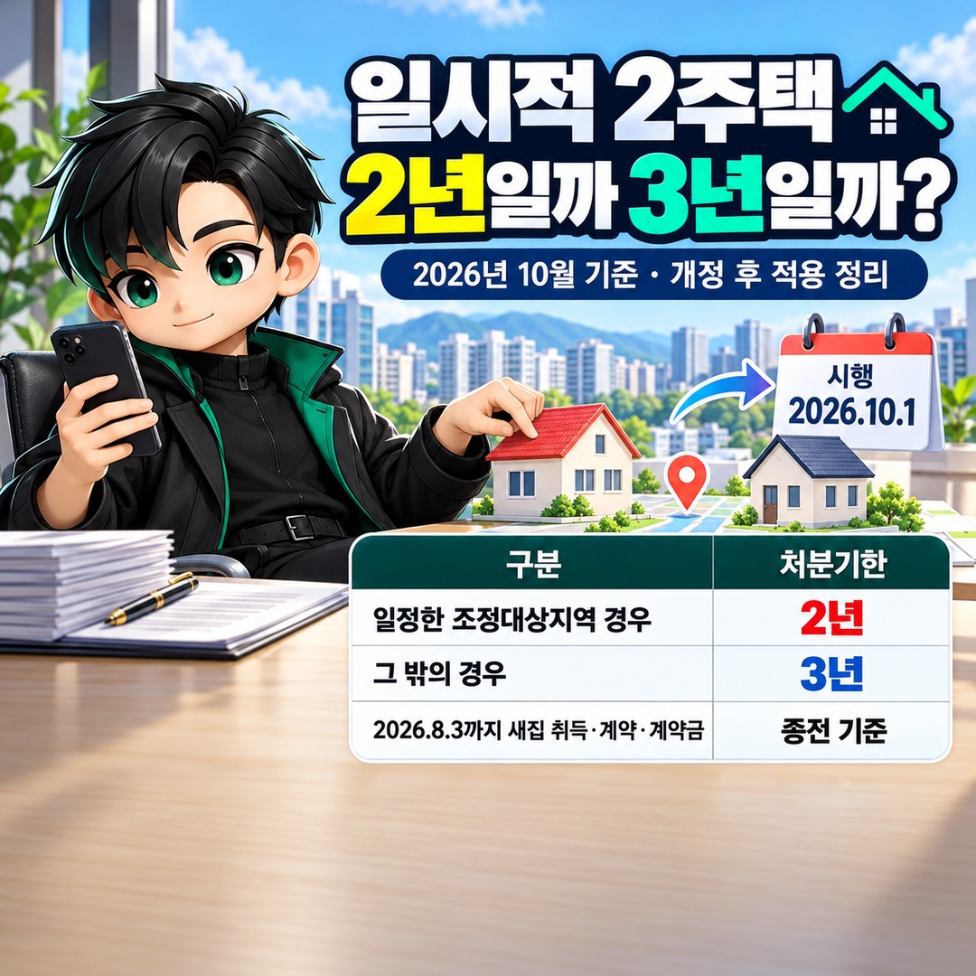 일시적 2주택 2026년 10월 개정 후 2년·3년 적용 기준 일시적 2주택, 기존 집 처분기한은 2년일까 3년일까? 2026년 10월 기준 핵심 내용 정보형 썸네일