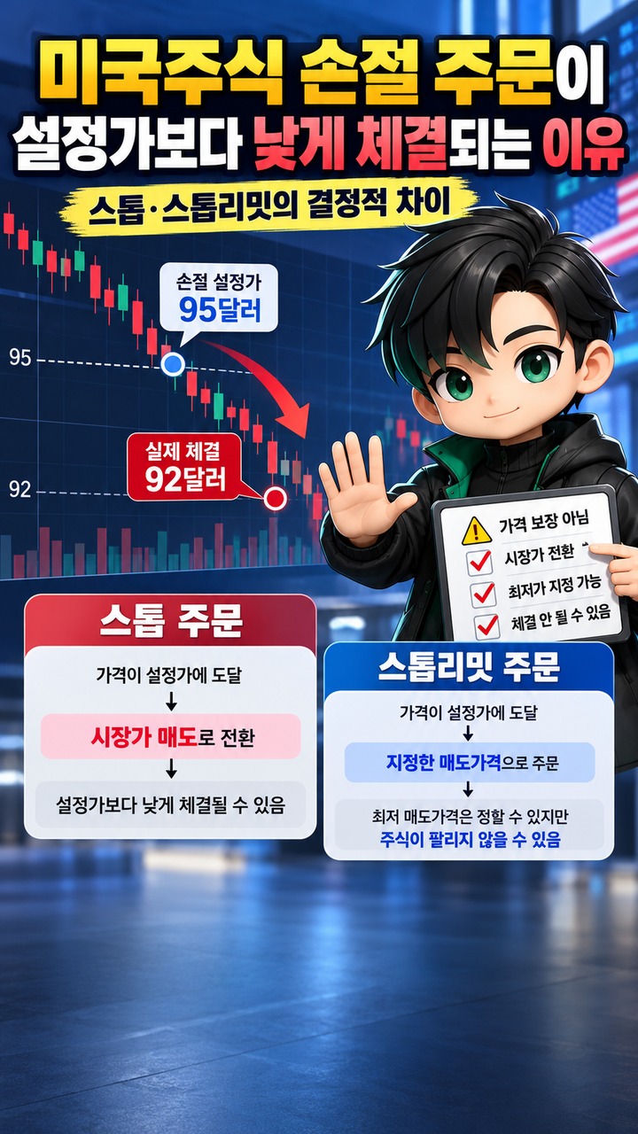 Informational thumbnail explaining why U.S. stock stop-loss orders can execute below the set price and the key differences between stop and stop-limit orders