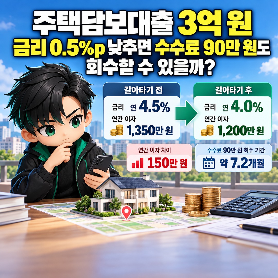주택담보대출 3억 원, 금리 0.5%p 낮추면 수수료 90만 원도 회수할 수 있을까 핵심 내용 정보형 썸네일