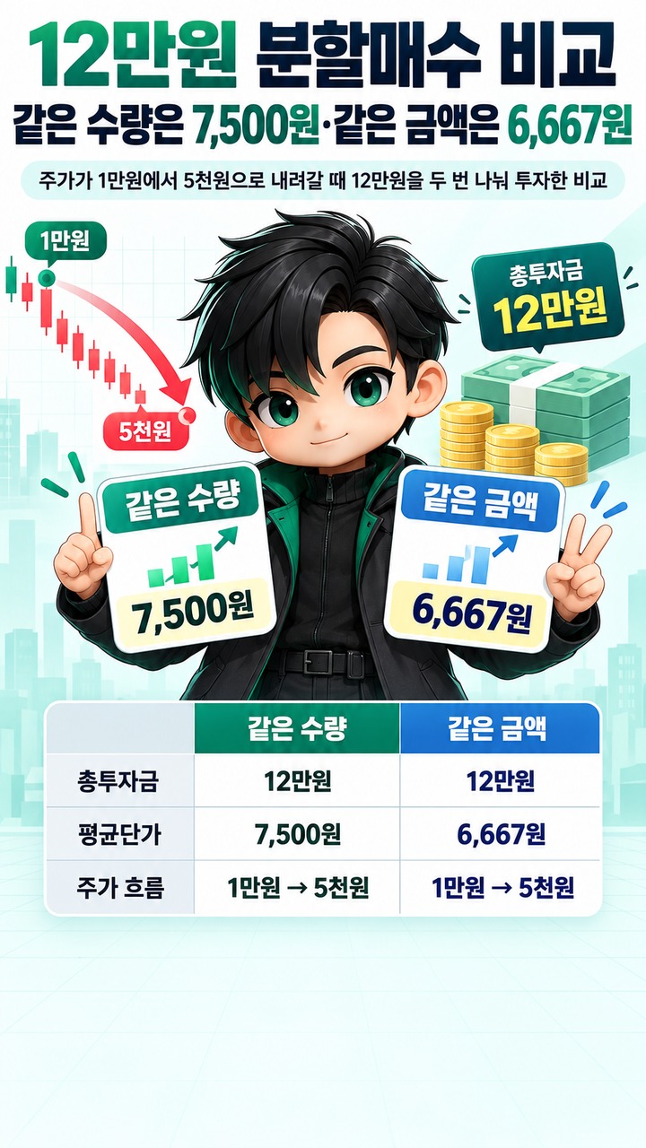 Informational thumbnail explaining why investing 120,000 won in two installments produces an average purchase price of 7,500 won with equal-share purchases versus 6,667 won with equal-amount purchases