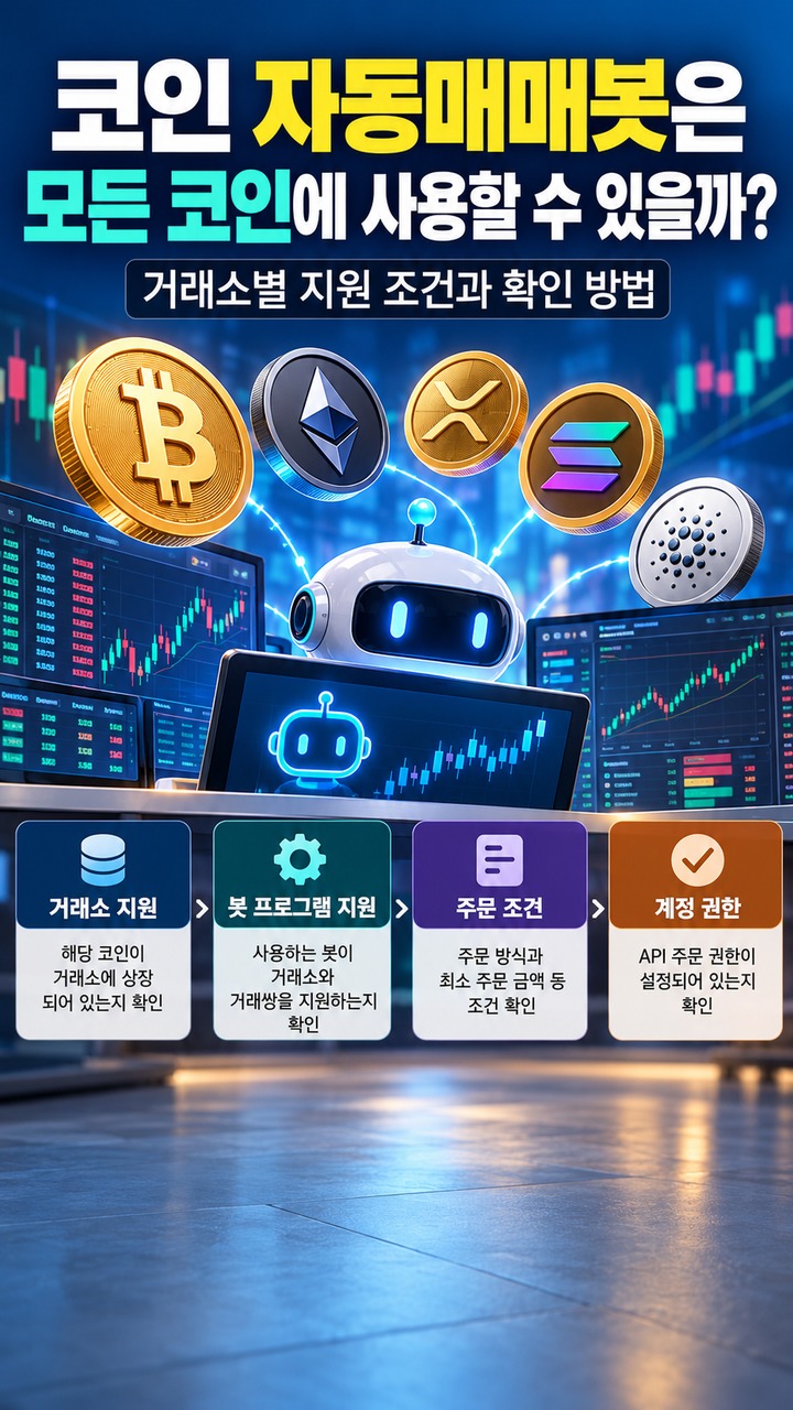 Informational thumbnail explaining whether crypto trading bots work with every cryptocurrency, exchange-specific support requirements, and how to check compatibility